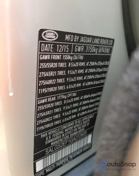 2016 Land Rover Range Rover Supercharged from USA, damaged, VIN SALGS2EF1GA272605